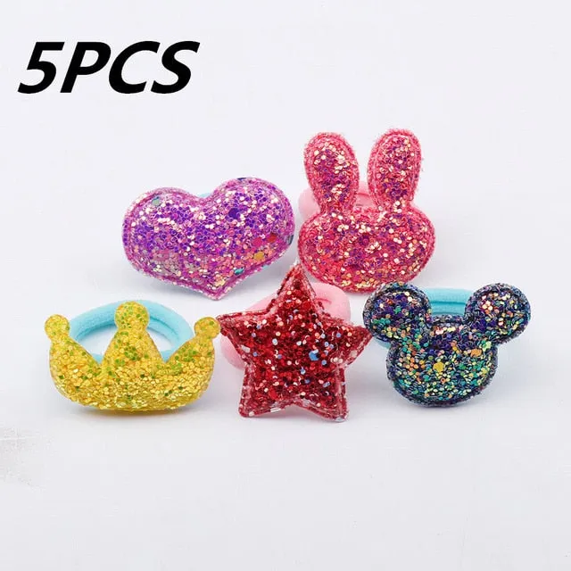 1/5/12 Pcs Shiny Glitter Elastic Hair Band Heart Star Hair Tie Kids Korean Hair Rope Crwon Kawaii Kids Rabbit Hair Accessories