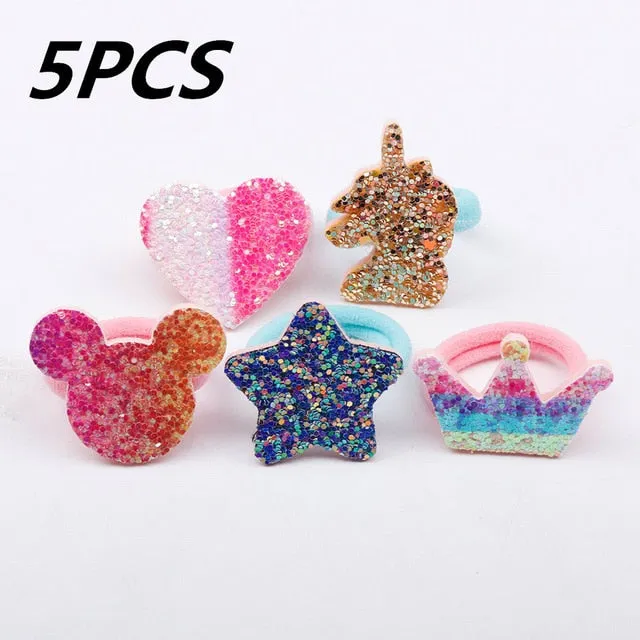 1/5/12 Pcs Shiny Glitter Elastic Hair Band Heart Star Hair Tie Kids Korean Hair Rope Crwon Kawaii Kids Rabbit Hair Accessories
