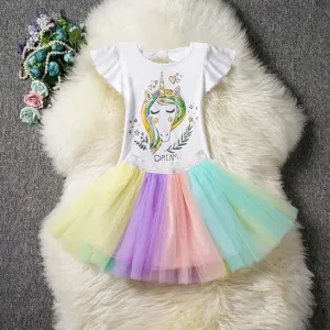 2-6 Years Children's sets Cute Unicorn Short Sleeve T-Shirt  Mesh Tutu Skirt Outfits 2Pcs Girls