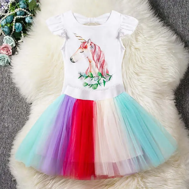 2-6 Years Children's sets Cute Unicorn Short Sleeve T-Shirt  Mesh Tutu Skirt Outfits 2Pcs Girls