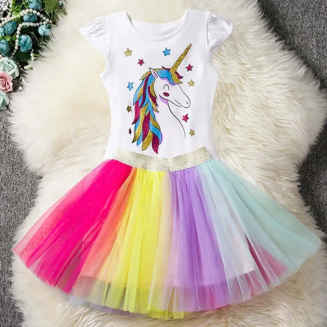 2-6 Years Children's sets Cute Unicorn Short Sleeve T-Shirt  Mesh Tutu Skirt Outfits 2Pcs Girls