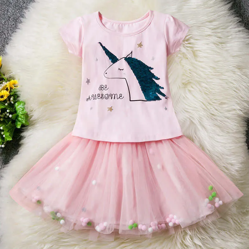 2-6 Years Children's sets Cute Unicorn Short Sleeve T-Shirt  Mesh Tutu Skirt Outfits 2Pcs Girls