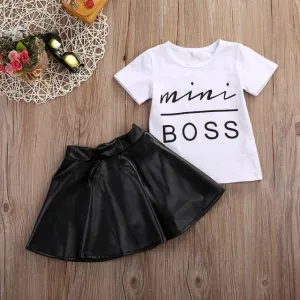 2Pcs Toddler Kids Girl Clothing Set T-shirt Tops   Leather Skirt Outfit