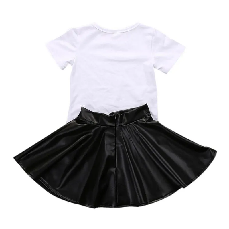 2Pcs Toddler Kids Girl Clothing Set T-shirt Tops   Leather Skirt Outfit