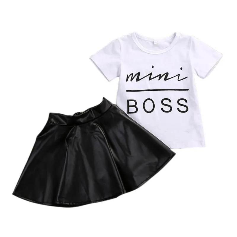 2Pcs Toddler Kids Girl Clothing Set T-shirt Tops   Leather Skirt Outfit