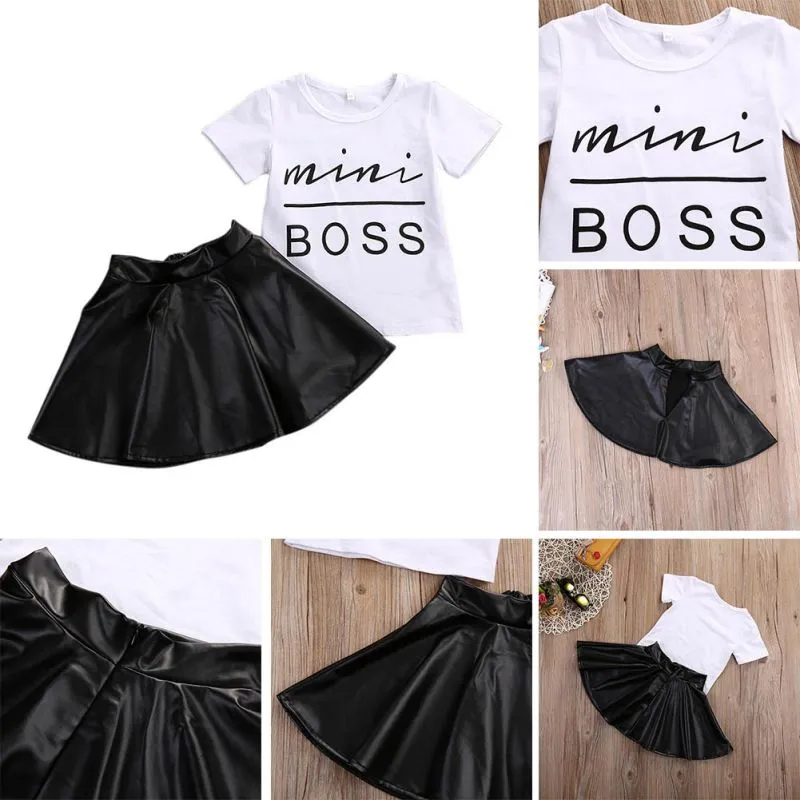 2Pcs Toddler Kids Girl Clothing Set T-shirt Tops   Leather Skirt Outfit