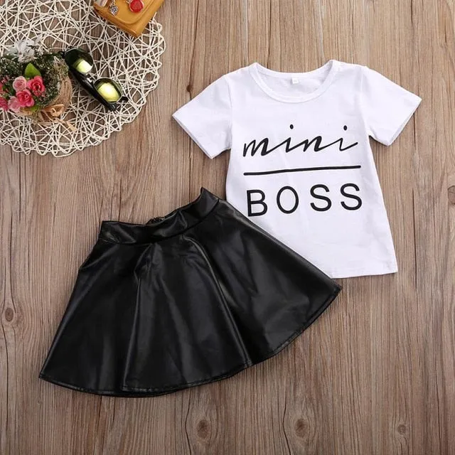 2Pcs Toddler Kids Girl Clothing Set T-shirt Tops   Leather Skirt Outfit