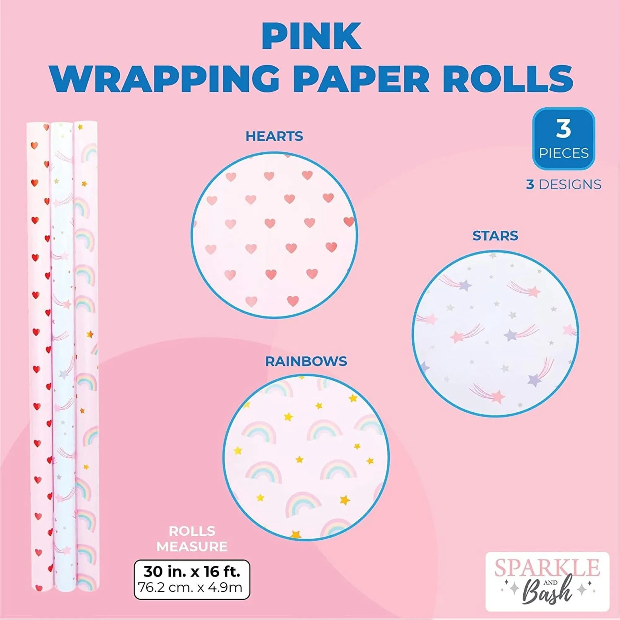 3 Roll Pink Wrapping Paper All Occasion Gift Wrap For Kids Birthday