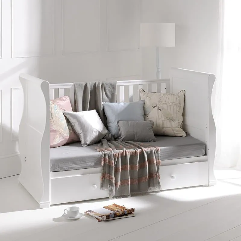 4-in-1 Cocoon Sleigh Cot Bed with Drawer | Wooden Cot | Toddler Bed | Day Bed | White