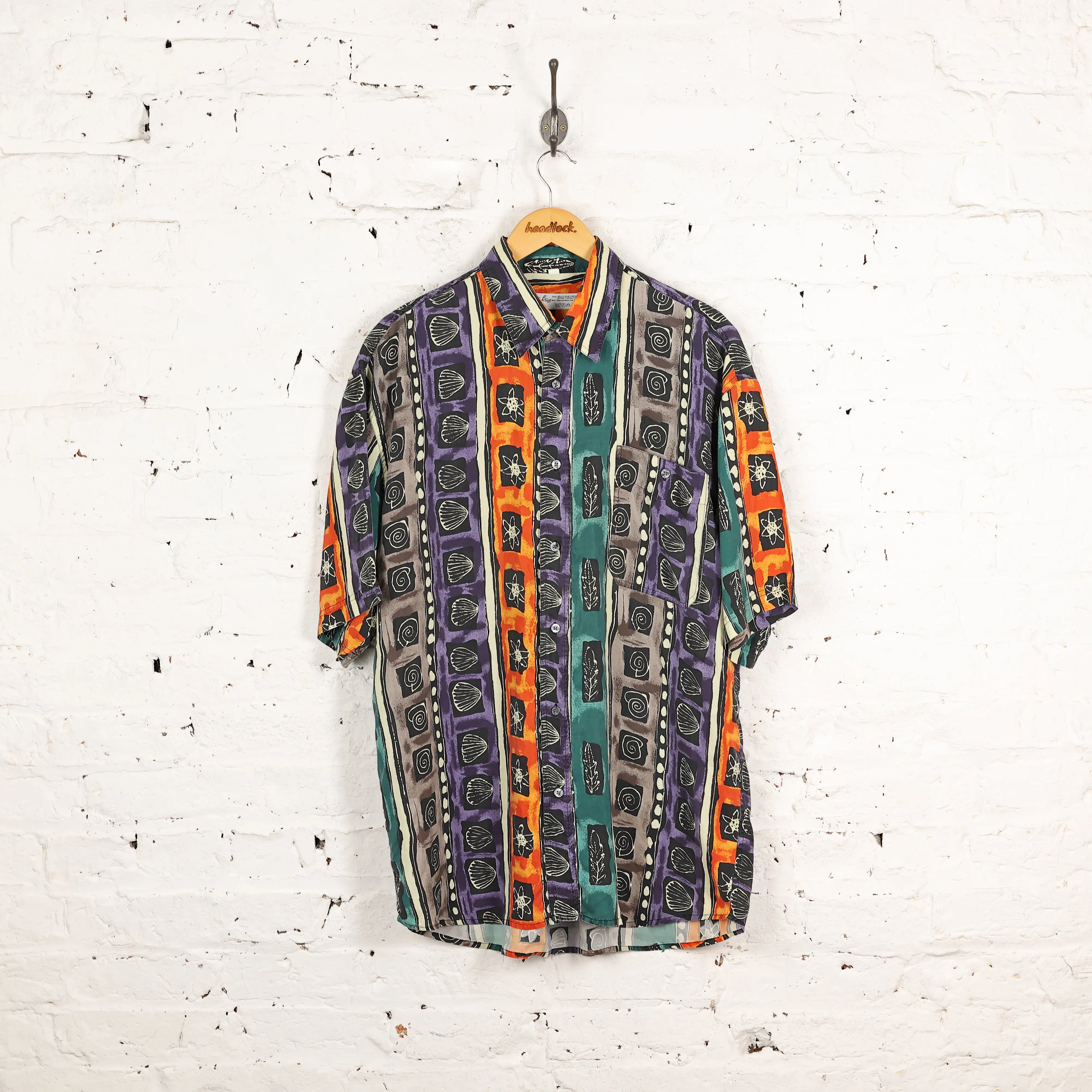 90s Silk Short Sleeve Pattern Shirt - Purple - L