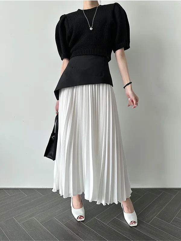 A-Line Loose Contrast Color Pleated Split-Joint Skirts Bottoms