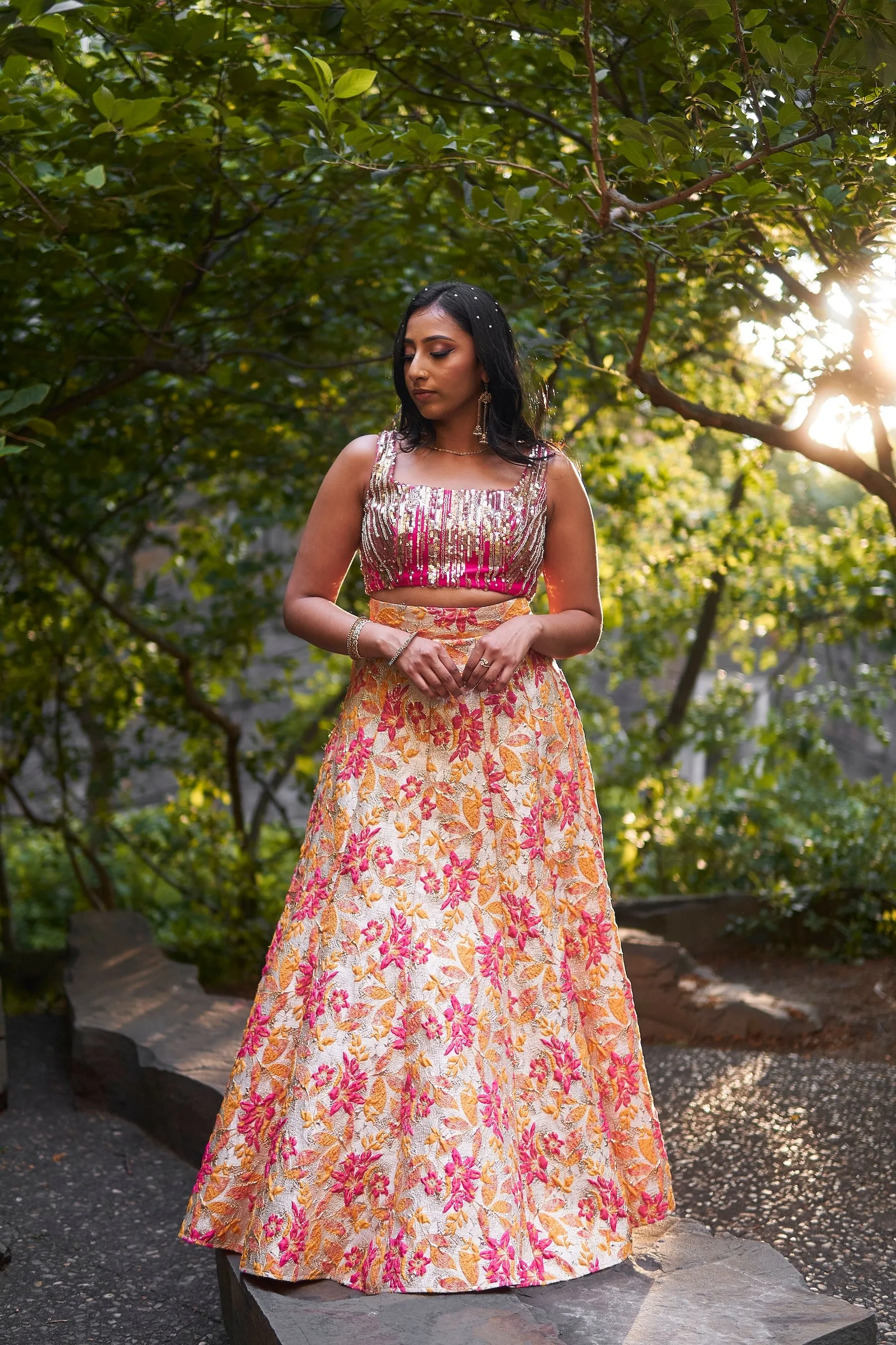 AGNI Yellow and Pink Lehenga Skirt