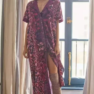 Alexandra Farmer for Anthropologie Small Butterfly Pink Floral Maxi Shirt Dress