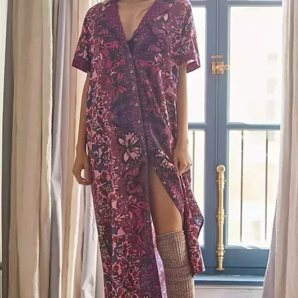Alexandra Farmer for Anthropologie Small Butterfly Pink Floral Maxi Shirt Dress