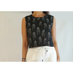 Alice in the Eve second hand cropped black sleeveless top with leopard print size 12