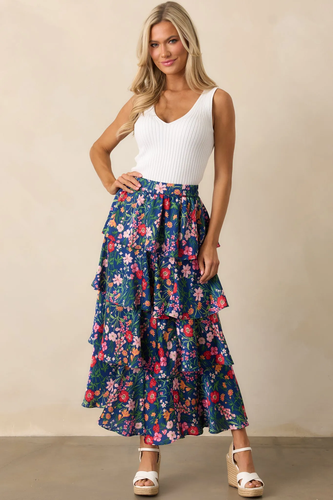 All The Right Things Navy Floral Tiered Maxi Skirt