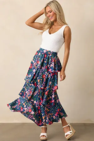 All The Right Things Navy Floral Tiered Maxi Skirt