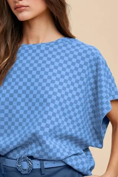 ANNIE WEAR CHECKERED ROUND NECK SHORT SLEEVE T-SHIRT