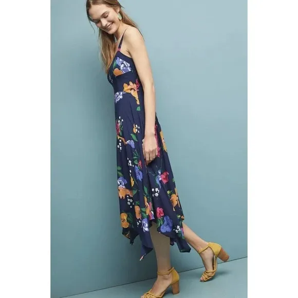 Anthropologie Maeve Vivienne blue Maxi Dress Size 2 Floral Smocked Back