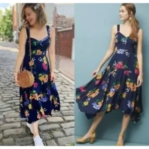 Anthropologie Maeve Vivienne blue Maxi Dress Size 2 Floral Smocked Back