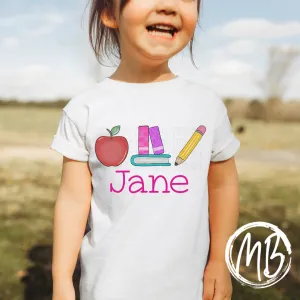 Apple Books & Pencil Trio w/name Tee or Ruffle Tee