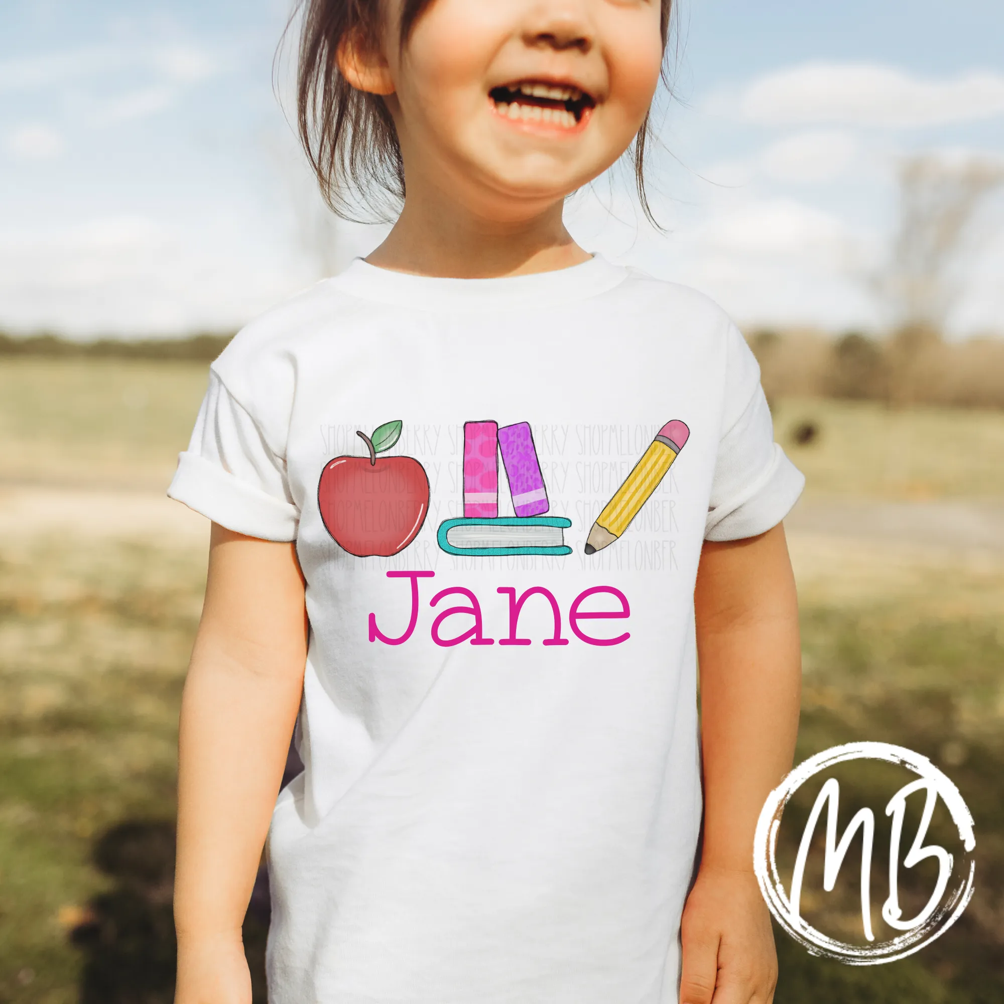 Apple Books & Pencil Trio w/name Tee or Ruffle Tee