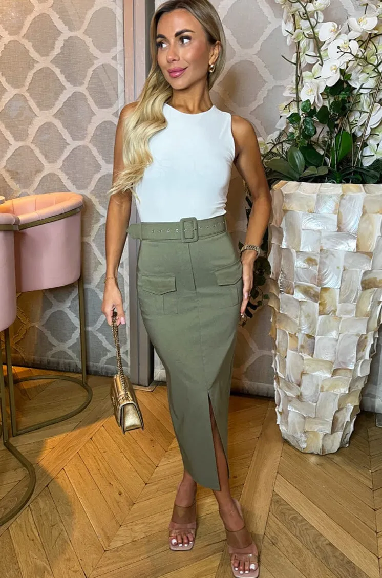 Ashton Khaki Belted Cargo Skirt