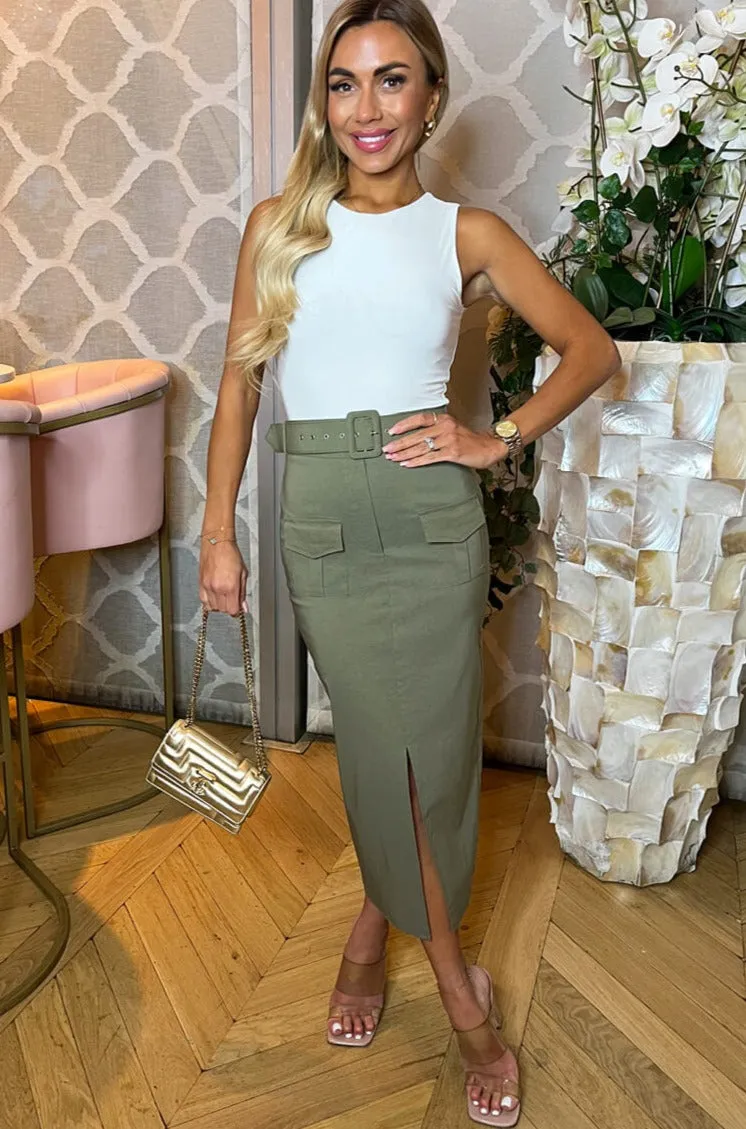 Ashton Khaki Belted Cargo Skirt