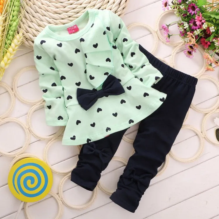 Baby Girl Set Heart-shaped Print Bow Cute 2PCS Kid Set T shirt   Pants Cute Princess Kids Clothing Set born Clothing