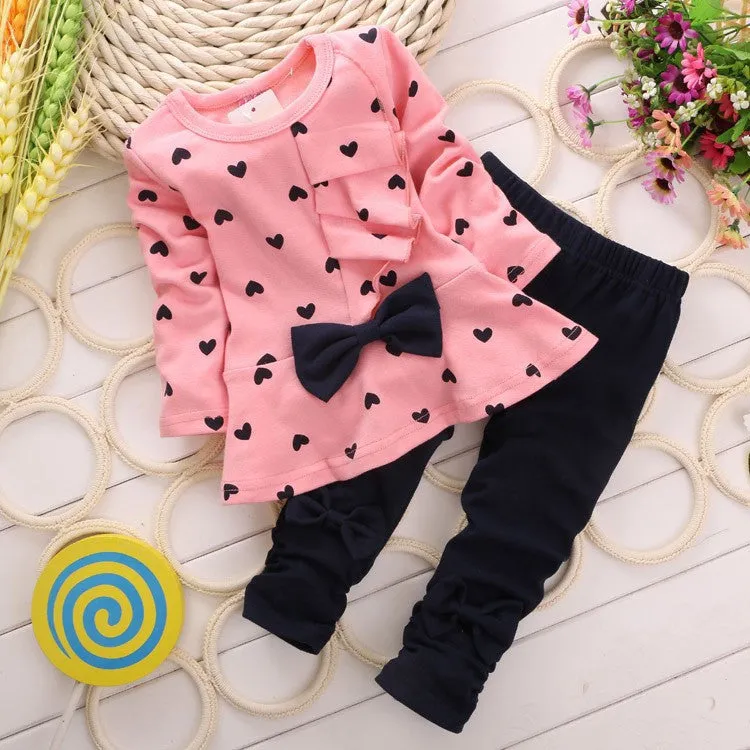 Baby Girl Set Heart-shaped Print Bow Cute 2PCS Kid Set T shirt   Pants Cute Princess Kids Clothing Set born Clothing