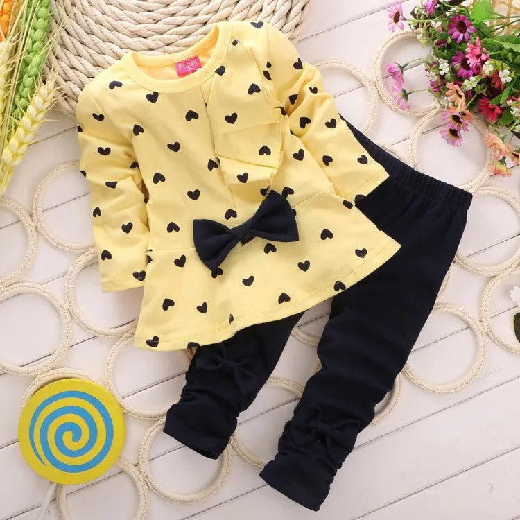 Baby Girl Set Heart-shaped Print Bow Cute 2PCS Kid Set T shirt   Pants Cute Princess Kids Clothing Set born Clothing