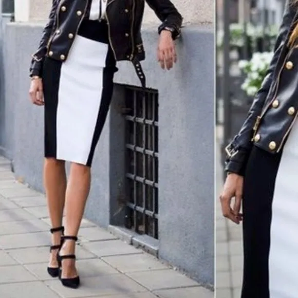 Balmain x HM Black and White Colorblock Knit Contrast Midi Pencil Skirt