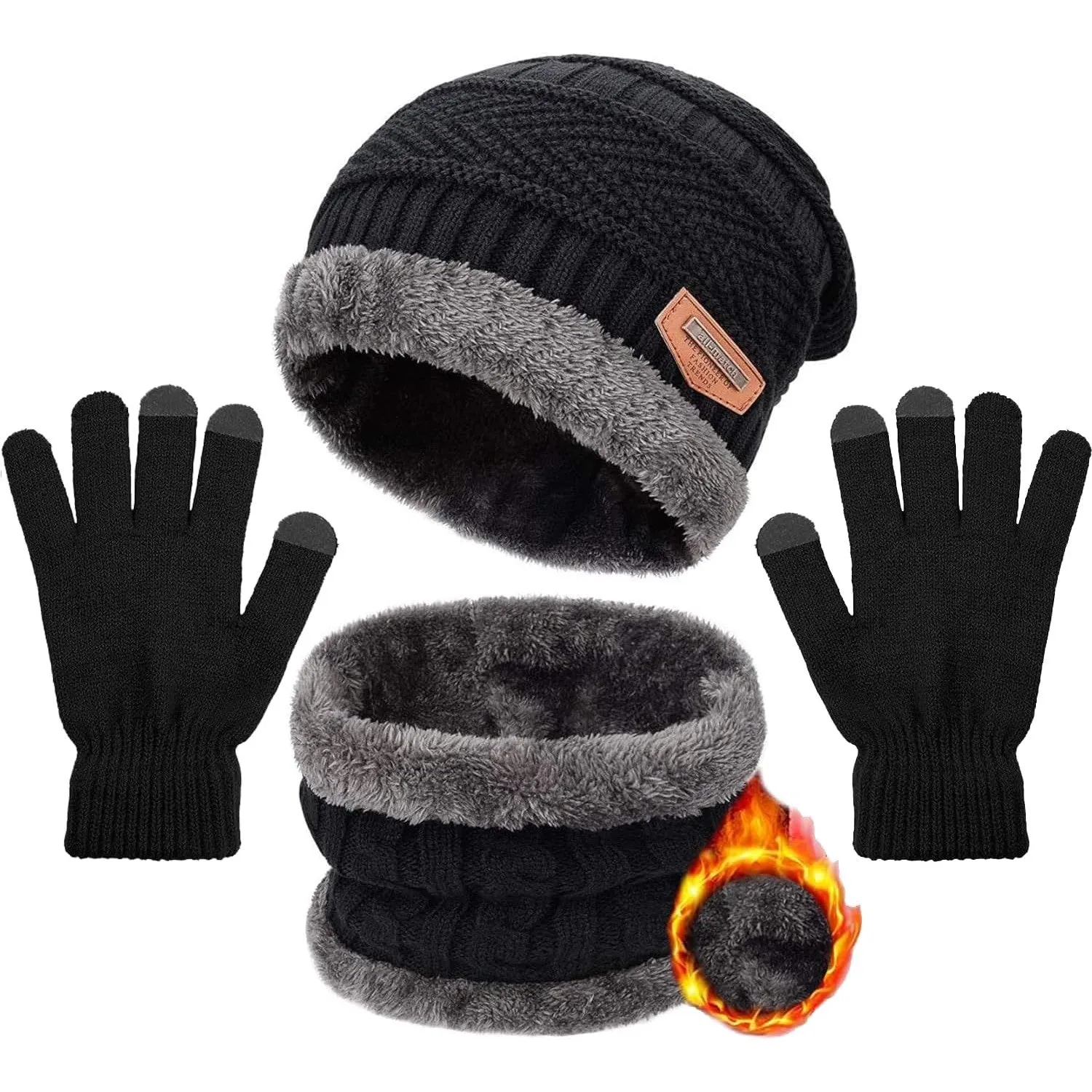 BananaHome 3 Pieces kids Winter Beanie Hat Scarf and Gloves Set for Boys Girls,Snow Knit Skull Cap, Knit Slouchy Beanie Cap&Neck Warmer Set with Warm Thick Lined Screen