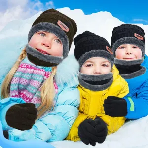 BananaHome 3 Pieces kids Winter Beanie Hat Scarf and Gloves Set for Boys Girls,Snow Knit Skull Cap, Knit Slouchy Beanie Cap&Neck Warmer Set with Warm Thick Lined Screen