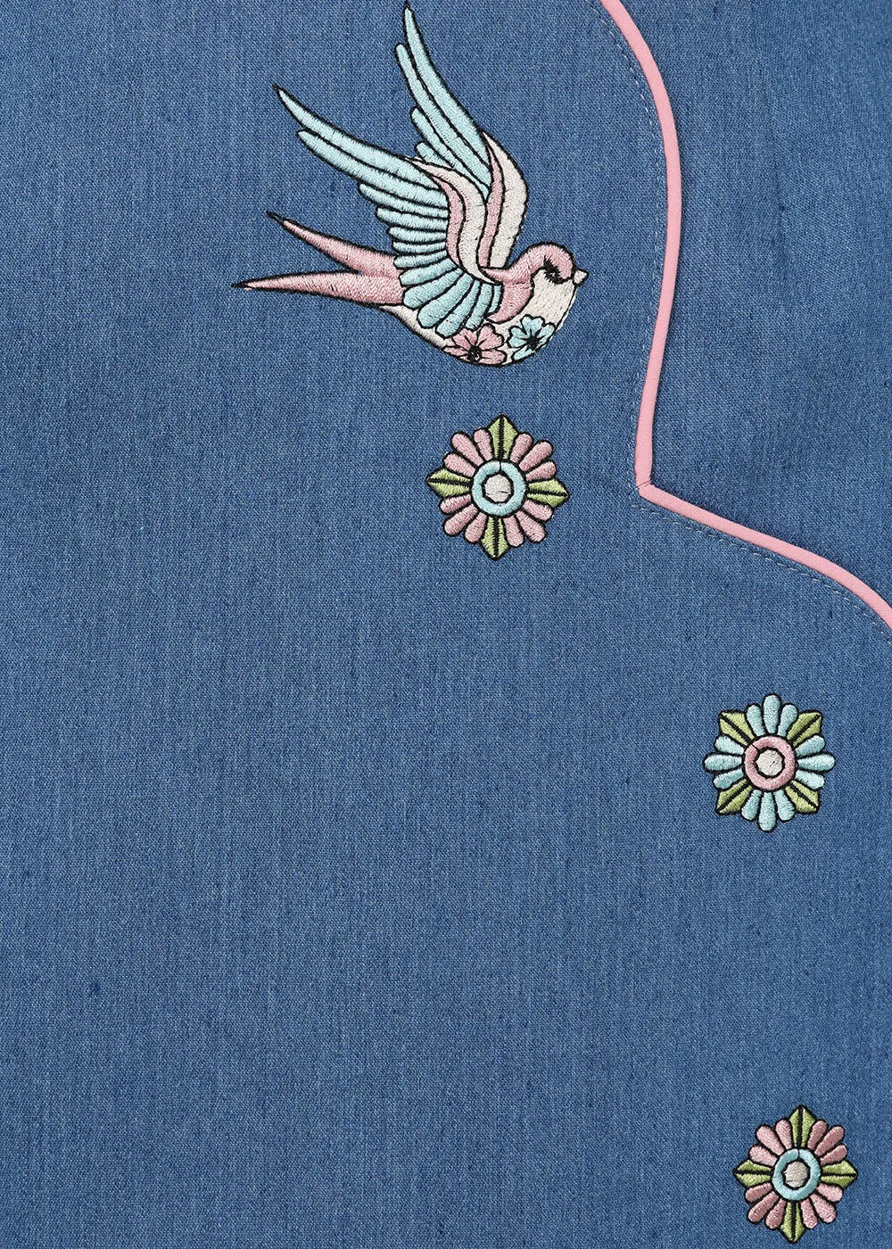 Banned Millie Swallow Denim 50's Pencil Skirt Blue