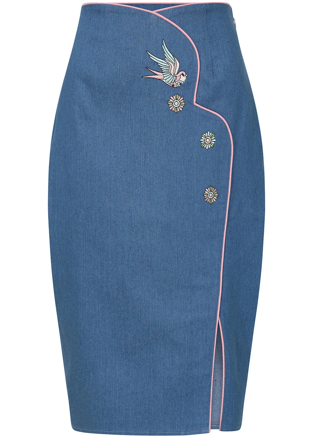 Banned Millie Swallow Denim 50's Pencil Skirt Blue