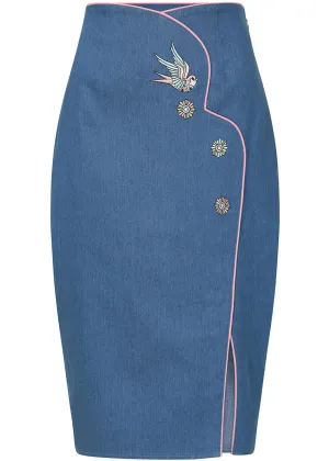 Banned Millie Swallow Denim 50's Pencil Skirt Blue
