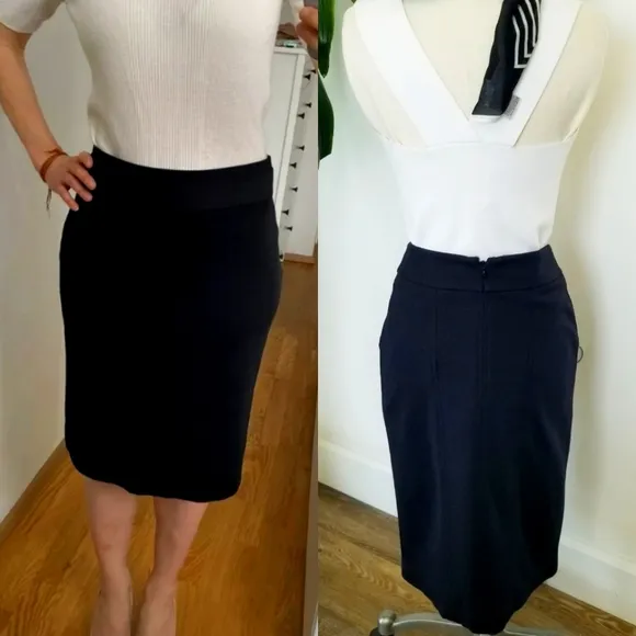 BCBG Maxazria Black Classic Midi Pencil Skirt NWT Business Casual Career Stretch