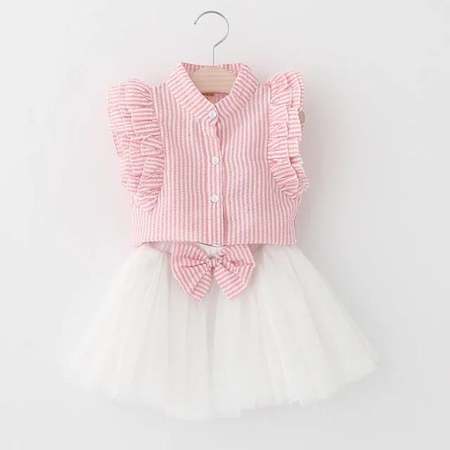 Bear Leader Girls Dress 2018 Cute Princess Dresses Summer Style Pink Stripend Sleeveless Shirt Mesh Dress 2Pcs for Girls Clothes