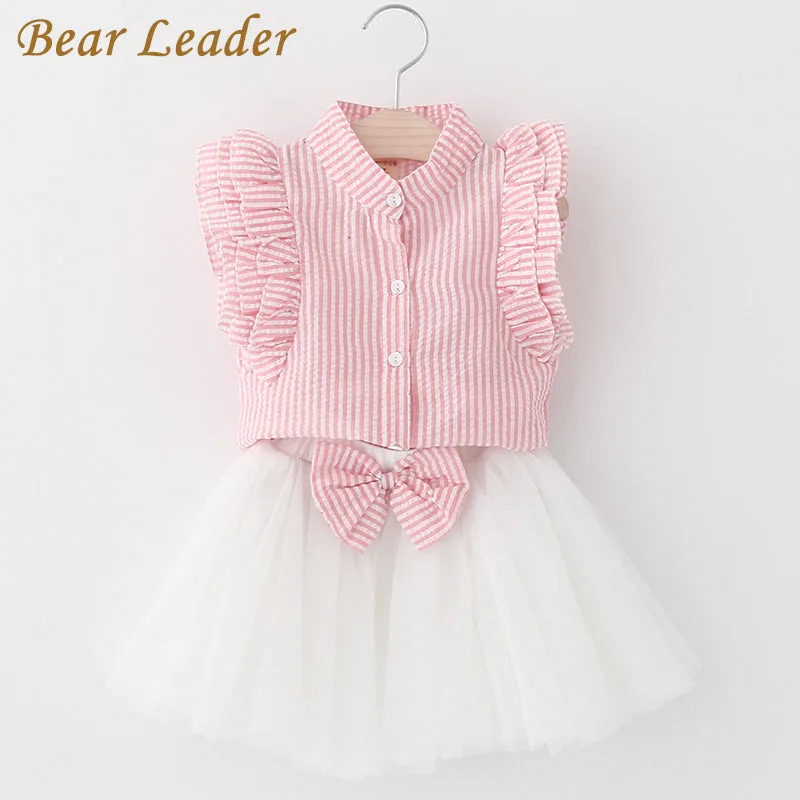 Bear Leader Girls Dress 2018 Cute Princess Dresses Summer Style Pink Stripend Sleeveless Shirt Mesh Dress 2Pcs for Girls Clothes