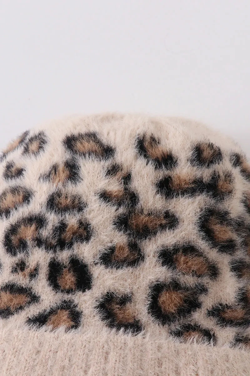 Beige Leopard Beanie Hat Toddler Adult