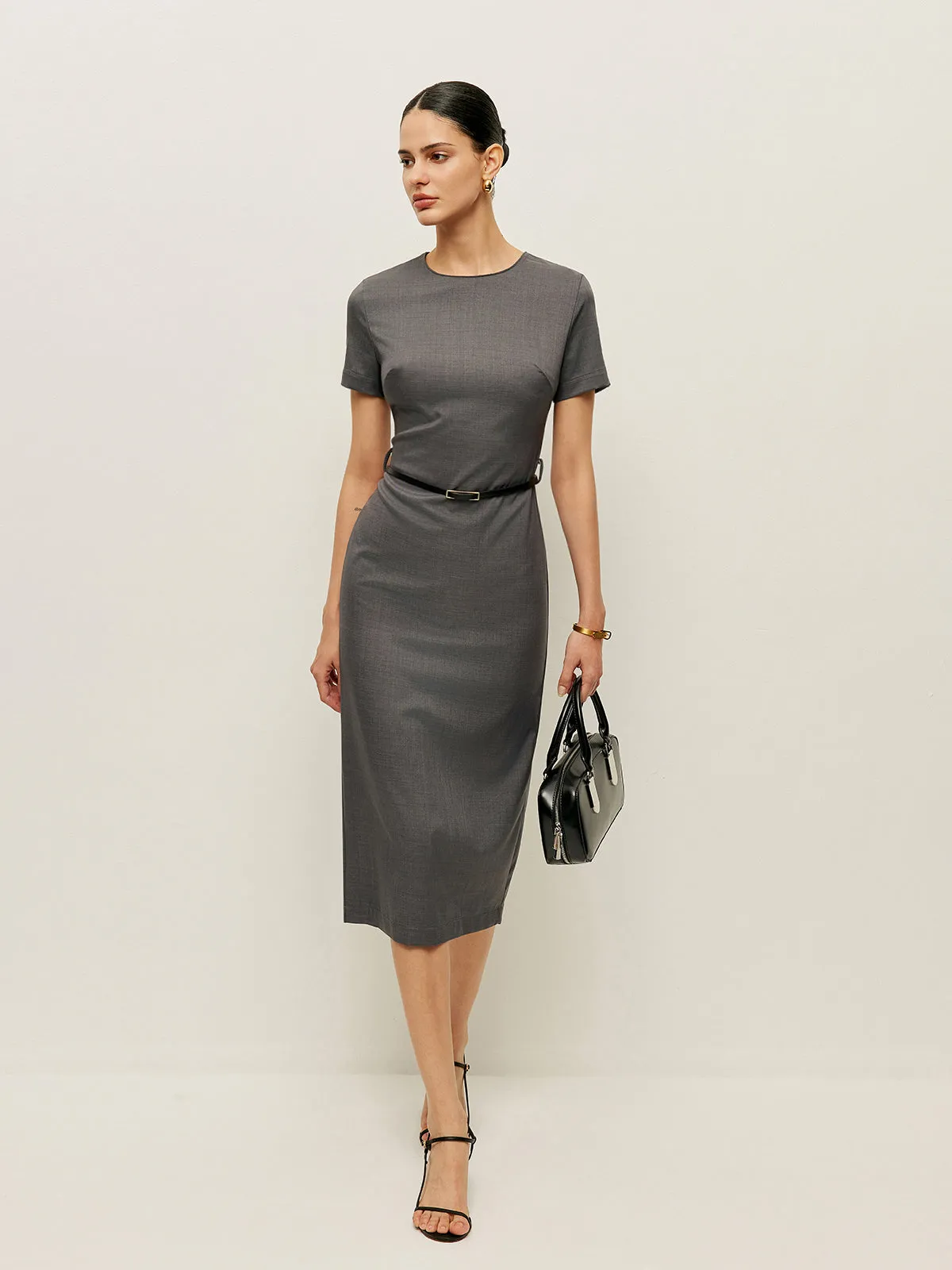 Belted Short Sleeve Pencil Dress