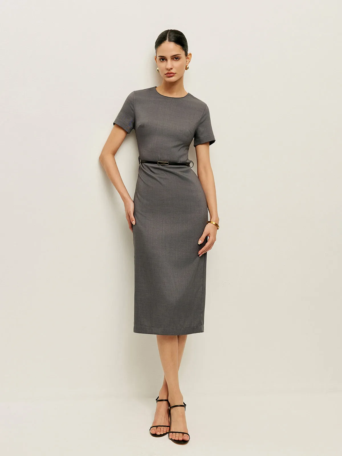 Belted Short Sleeve Pencil Dress