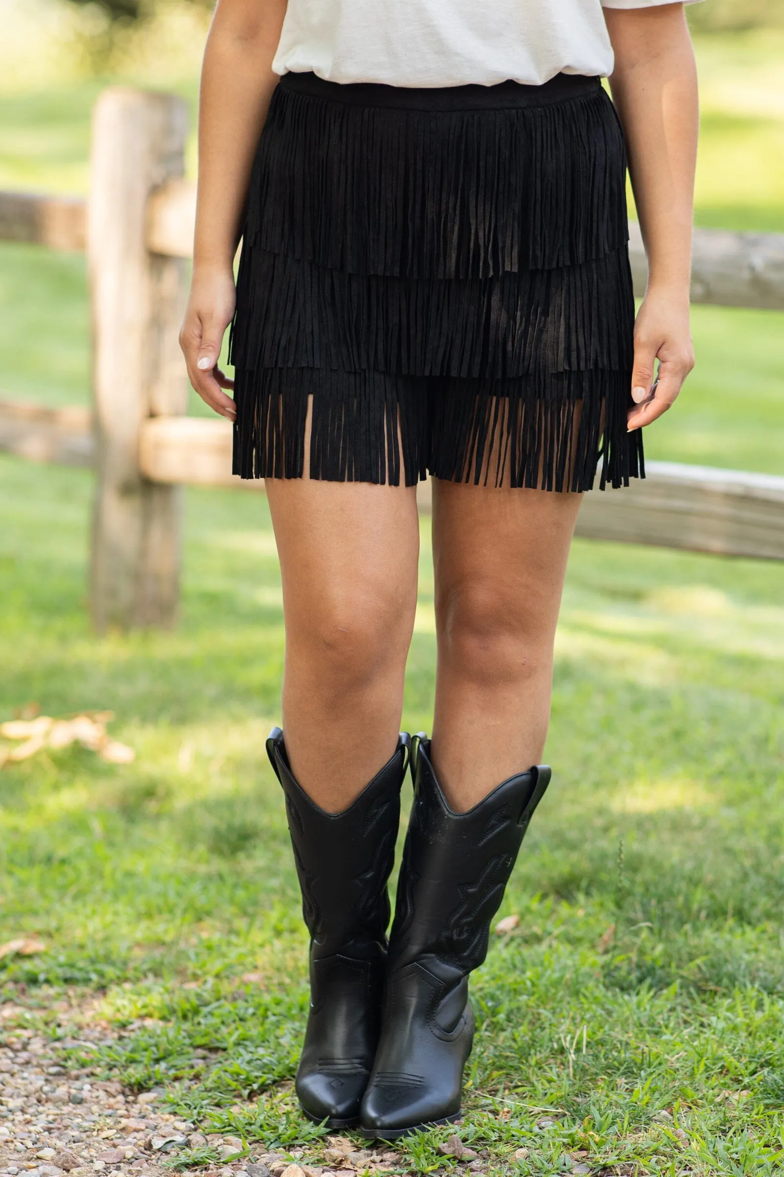 Black Faux Suede Shorts With Fringe