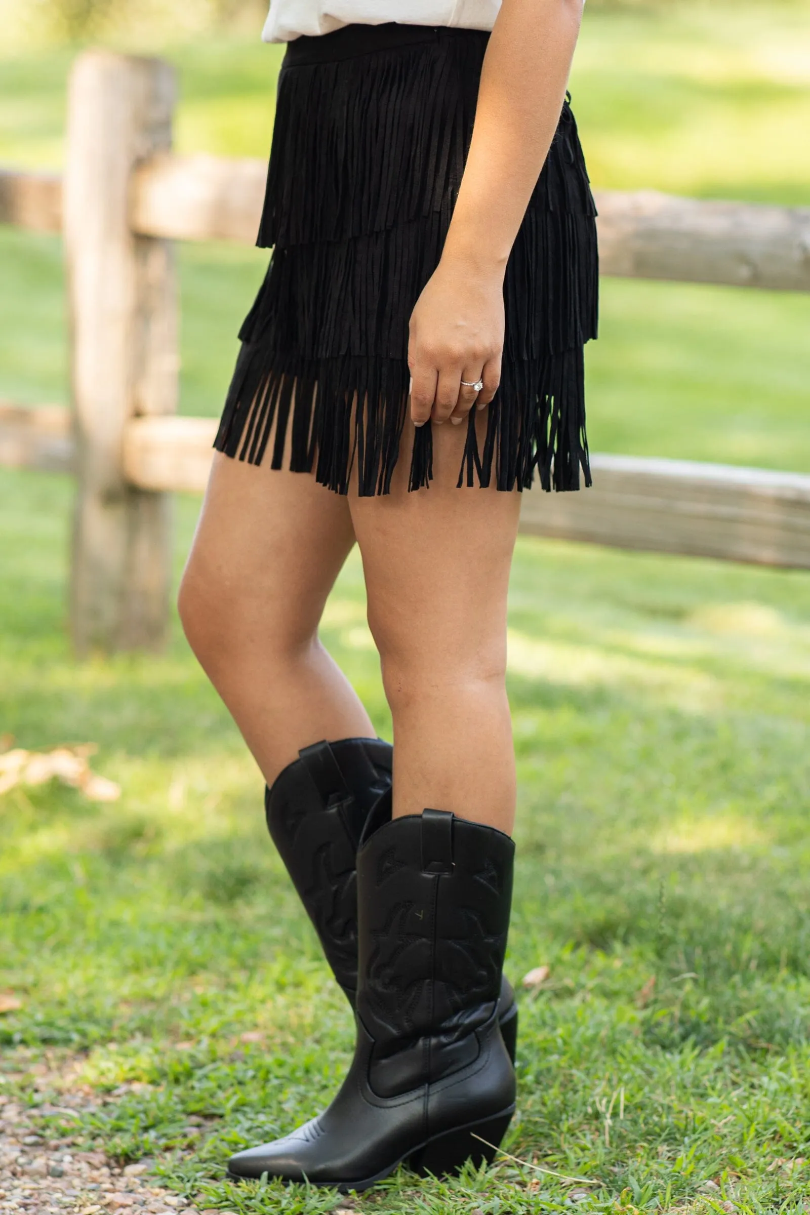 Black Faux Suede Shorts With Fringe