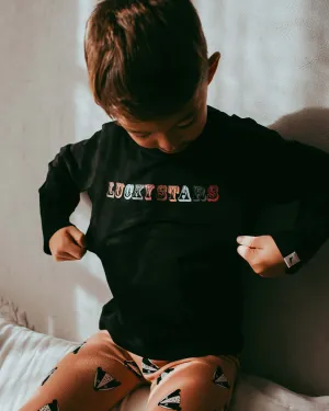 Black Lucky Stars Slogan Print Top