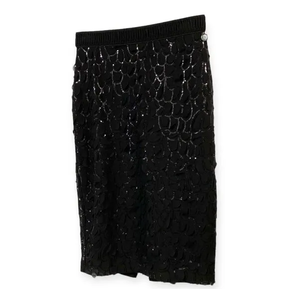 Black Sequins Scallop Detailed Formal Pencil Knee Length Skirt NEW