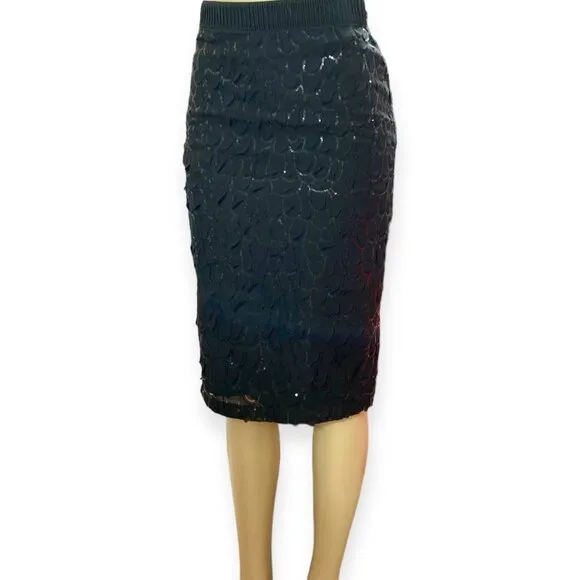 Black Sequins Scallop Detailed Formal Pencil Knee Length Skirt NEW