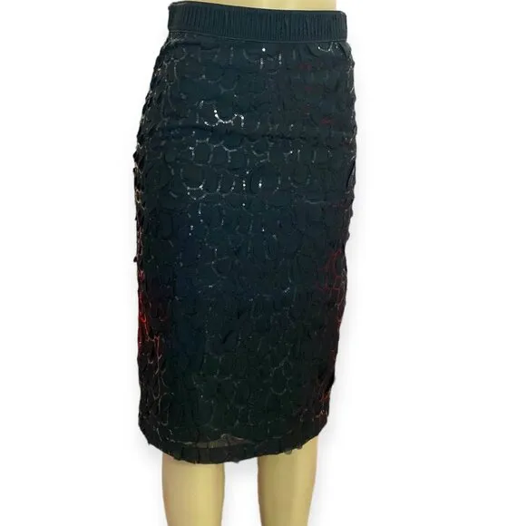 Black Sequins Scallop Detailed Formal Pencil Knee Length Skirt NEW