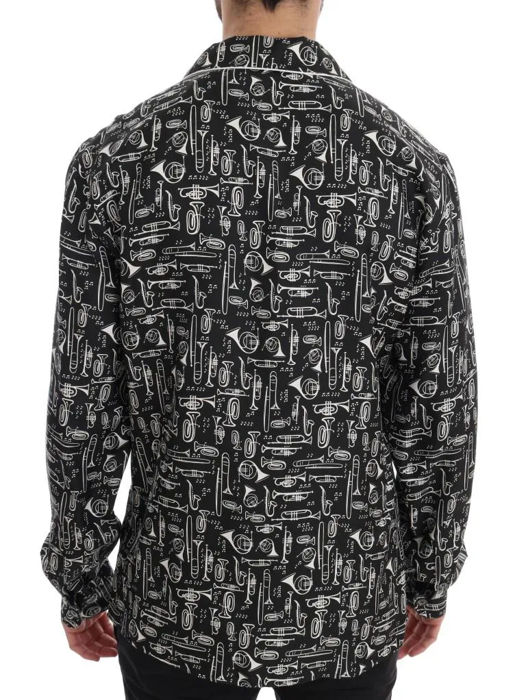Black Silk JAZZ Motive Print Casual Shirt